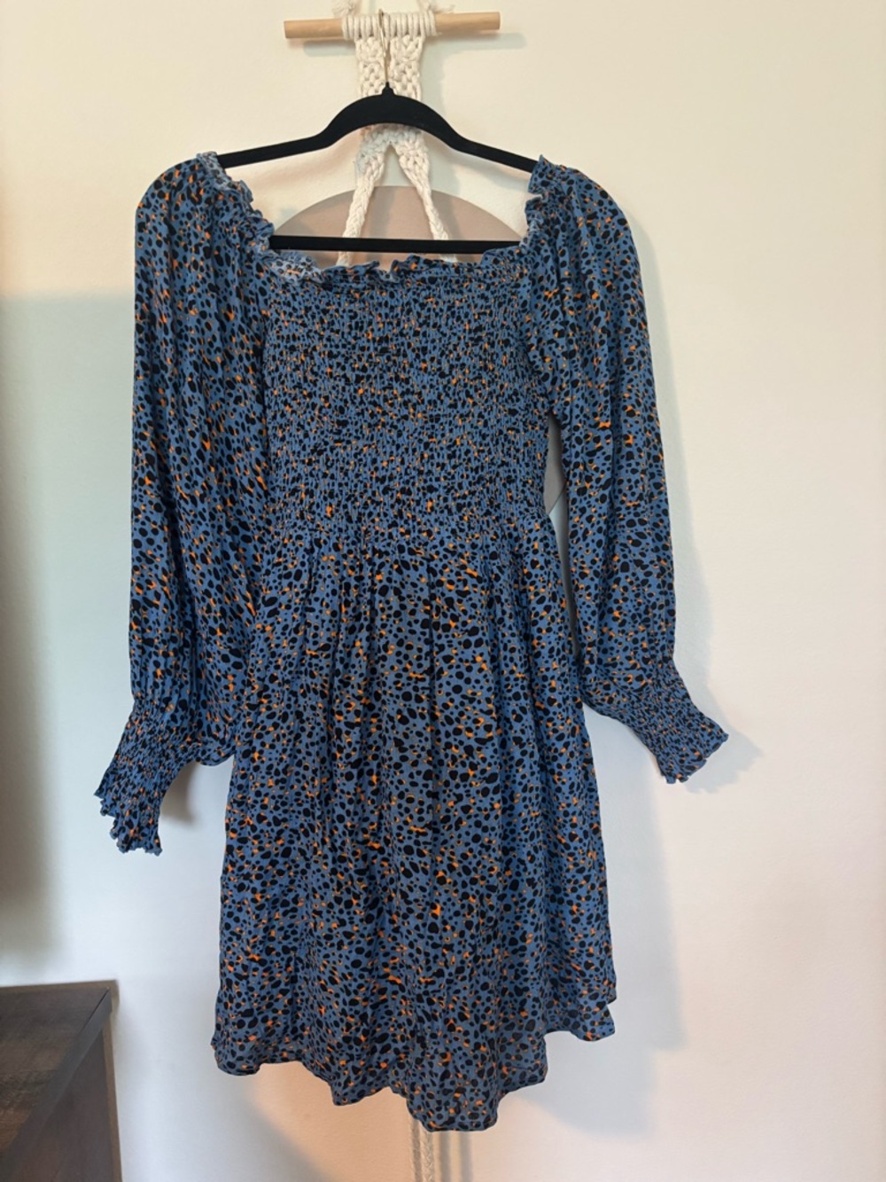 Smocked Long-Sleeve Mini Dress in Blue Leopard Print